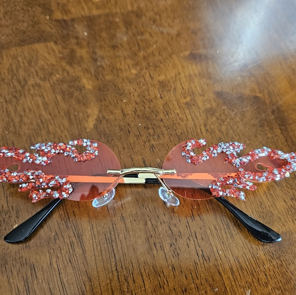 Red Flame Rhinestone Rimless Sunglasses - Picture 3 of 3